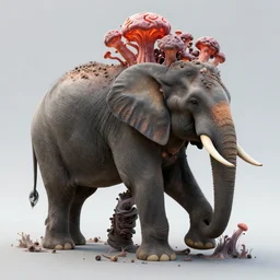 cordycepts militaris, infested elephant, mind control fungus, fungal elephant, fungus, spores, from within, mold, mycelium burst, 8 k, artgerm, artstation, highly detailed,