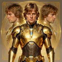symmetry!! portrait of young mark hamill, luke skywalker gold sci - fi armour, tech wear, glowing lights!! sci - fi, intricate, elegant, highly detailed, digital painting, artstation, concept art, smooth, sharp focus, illustration, art by artgerm and greg rutkowski and alphonse mucha