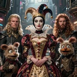 detailed ultrarealistic photography medium shot of fantasy jester queen addams family and furry muppet puppet cyberpunk postapocalyptic leyendecker, symmetric norman rockwell, ian miller, artstation cinematic, vray game of thrones, lord of the rings,