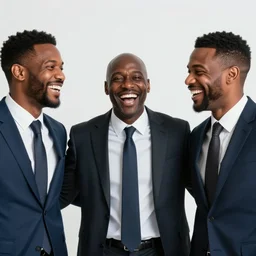 stock photo of three black people laughing wearing suits and ties in an office building, 8k resolution, full HD, cinematic lighting, award winning, anatomically correct