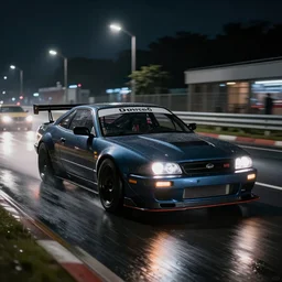 photorealistic action photography of street car race on the roads dark, wet, night light fixtures. 8K. detailed. photorealism. artstation. 25mm f/1.7 ASPH Lens. ultra realistic
