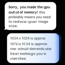 a discord message with the text : sorry, you made the gpu run out of memory! this probably means you need to reduce your image size. 1 0 2 4 x 1 0 2 4 is approx the max, though it depends on the other settings you've chosen.
