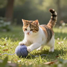 a cute calico cat playing with a ball of yarn, artstation, cgsociety, storybook art