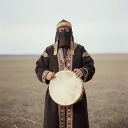 minusinsk, siberia a tartar medicine man or shaman in ceremonial dress with a covered face, holding a drum. photograph, ca. 1 9 2 0