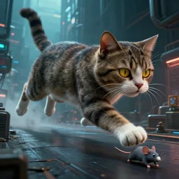 huge 🐈, by mark ryden in cyberpunk environment, 4 k ultra high resolution, cat chasing mouse, horror, long camera shot, 🐭 fleeing