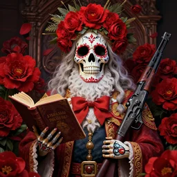 mexican masterpiece of a skull faced Santa muerte with a book in her hand and surrounded by red flowers and ak45 as offers,+ no crop, visionary art, extremely high detail, realistic, octane render, post processed,