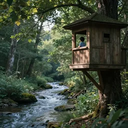 A kid in his tree house looking at a gentle stream down below ,peaceful atmosphere, serene lighting ,digital art , highly detailed , high contrast, beautiful lighting, award winning , trending on art station, photorealistic, 8k
