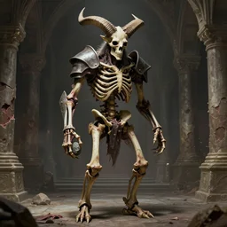 A spiked horned detailed semiork-semihuman skeleton with armored joints stands in the cavernous corridors of the palace with a pebble in hands. Wearing massive shoulderplates. Extremely high details, realistic, fantasy art, solo, masterpiece, bones, ripped flesh, art by Zdzisław Beksiński, Arthur Rackham, Dariusz Zawadzki, Harry Clarke