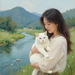 painting of a woman holding a white cat, river, mountains, lake