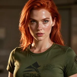 cinematic shot of a red - haired female soldier, wonderful eyes, stylized military t - shirt, shiny skin, sexuality, small details, realistic poster with volumetric light from jeremy lipkin and michael garmash, craig mallism, artgerm, unreal engine, radiant light, digital art, trends at art station, masterpiece