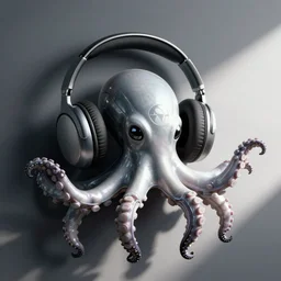 cyborg octopus in headphones, logo, digital art, minimalism
