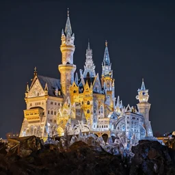 marvellous castle made of crystal and glass in a dark mountain during golden hour, detailed, intricate, glorious lighting, dark sky, stars, masterwork composition, cgsociety, caspar david friedrich, thomas kinkade, strong presence