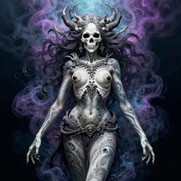 goddess of death with full body tattoos, by nekro borja, peter mohrbacher, underwater psychedelic smoke, highly detailed, intricate, elaborate, illustration, sharp focus, artstation