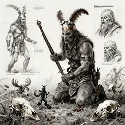barbarian loaded with weapons and small animals skulls, horror art by beksinski and szukalski and giger and and pyromallis and dzo and iris compiet and seb mckinnon and, technical drawing, blueprint, digital art, highly detailed, intricate, sharp focus, trending on artstation hq, deviantart, pinterest, unreal engine 5, 4 k uhd image