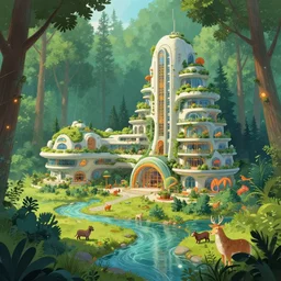 A futuristic hotel in the forest with a river and animals around it ,Greg rutkowski, Trending artstation, cinematográfica, digital Art