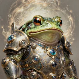 a fat slimy anthropomorphic toad king wearing ornate cyberpunk armor, bust shot, smooth, intricate, elegant, power aura, digital painting, artstation, concept art, high tech fantasy, sharp focus, illustration, art by james jean