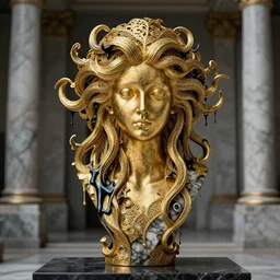 medusa by billelis + gold and marble sculpture + gold filigree + kintsugi, vines dripping black iridescent liquid, moody, dramatic, introspective, marble columns in background, transcendent, vibrant color, clean linework, finely detailed, 4 k, trending on artstation, photorealistic, volumetric lighting, octane render