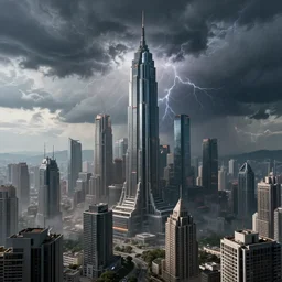 Wide shot of colossal futuristic megacity towering across the landscape, thunder storm, Ralph McQuarrie, EOS-1D, f/16, ISO 100, 1/160s, 8K
