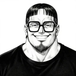 highly detailed ink illustration of a buff smiling man with long stubble, muscular neck, huge square glasses and a black bowl cut, wearing a black tshirt, b & w clean shaped illustration by kim jung gi, ron english and eiichiro oda