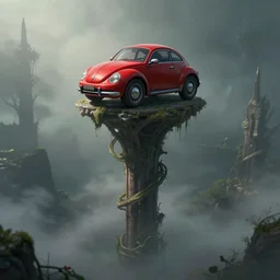 a red beetle car on top of a tall pole, eldritch, unreal engine, dramatic lighting, digital art, mist, detailed environment, fantasy, ultra detailed, by tomasz alen kopera and peter mohrbacher, artstation 8 k