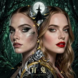 glowing silver and golden elements, full close-up portrait, Margot Robbie as Emma Stone, dark witch, book cover, green forest, white moon, red lips, establishing shot, extremly high detail, photo-realistic, cinematic lighting, pen and ink, intricate line drawings, by Yoshitaka Amano, Ruan Jia, Kentaro Miura, Artgerm, post processed, concept art, artstation, matte painting, style by eddie, raphael lacoste, alex ross