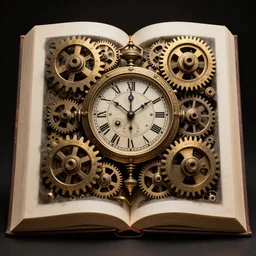 steampunk gears, and eternal clock, inside an open book, dark and gothic, full frame, art by kay nielsen and walter crane, illustration style, watercolor