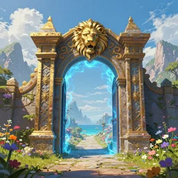 A giant medieval fantasy portal gate with a rusty gold carved lion face at the center of it, the portal takes you to another world, bright blue magical energy surrounds the portal, full of colorful flowers on the lost Vibes and mountains in the background, spring, sea breeze rises in the air, by andreas rocha and john howe, and Martin Johnson Heade, featured on artstation, featured on behance, golden ratio, ultrawide angle, f32, well composed