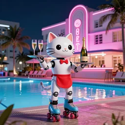 an attractive cat robot waitress on rollerblades with a tray with a champagne bottle and two champagne glasses, scene is a futuristic cocktailbar on the side of an infinitypool outside in a miami art deco hotel, nikon photography, 3 5 mm, at night with pink and blue neon light, hyperdetailed, funny, cartoon style