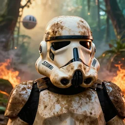 a telephoto head shot portrait of star wars dirty muddy sandtrooper in an iridescent jungle, smoke, fire, volumetric lighting, deathstar, battle action pose, rim lighting, sunrise, thomas kinkade, ralph mcquarrie, greg rutkowski, octane, 8 k