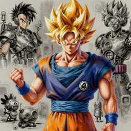 semi reallistic gouache gesture painting, by yoshitaka amano, by ruan jia, by Conrad roset, by dofus online artists, detailed anime 3d render of goku super sayian3 , goku,   portrait, cgsociety, artstation, rococo mechanical, Digital reality, sf5 ink style, dieselpunk atmosphere, gesture  drawn