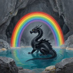 highly detailed oil painting of a rainbow hotspring within dark grey cavern, black dragon sitting in the middle