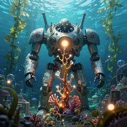 an underwater city comprised of light surrounding a large coral tree in the center of a kelp forest built inside of a giant robot mech and trying to save the planet one plant at a time, set in the distant future, plants, light prisms, rainbow diffraction, steampunk, cyberpunk, robots, warm lights, anime, vhs distortion, art style mimics starlight brigade by game grumps