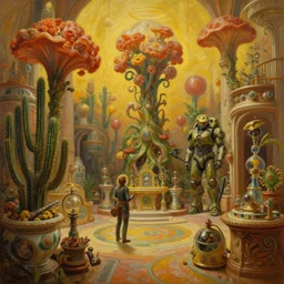 an oil painting by donato giancola, warm coloured, cinematic scifi luxurious futuristic biomechanical victorian garden laboratory of courtyard with bulbous alien floral fungi cactus growing out of pretty ceramic baroque science equipment, beeple, halo, star wars, ilm, star citizen, halo, mass effect, artstation