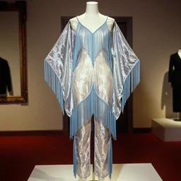 the film still photographed image is an avant - garde outfit is from the house of schiaparelli, circa 1 9 2 0 s. it was part of a collection inspired by the planet mercury. the ethereal ensemble is composed of a tunic and pants in a sheer silver lame fabric, adorned with delicate blue beaded fringe. it is displayed on a mannequin in a vintage inspired exhibit. vibrant cinematography, an