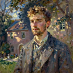 oil painting of daniel hutchinson of belmont abbey college in the style of claude monet