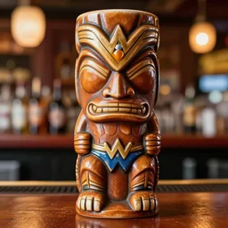 a closeup photorealistic photograph of wonder woman style tiki mug at trader vic's bar. tiki culture. brightly lit scene. this 4 k hd image is trending on artstation, featured on behance, well - rendered, extra crisp, features intricate detail, epic composition and the style of unreal engine.