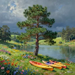 beautiful pine tree landscape, colorful flowers, a lake , three big kayaks and a stream, trees in the grassy hills, dramatic lighting, cinematic, establishing shot, extremly high detail, by monet, concept art, artstation, matte painting