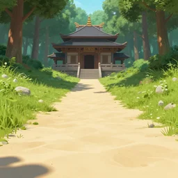 sandy path leads to a Forest temple, Artstation