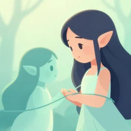 closeup, two fantasy spirits are catched by liana, liana entangle two fantasy spirits, in a gentle green dawn light, clean cel shaded vector art. shutterstock. behance hd