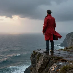a man wearing a long red coat standing on the edge of a cliff and looking out to the sea, leaves blowing in the wind, rain, dusk, artstation, concept art, sharp focus, photorealistic, octane render, art by Craig Mullins and Gret Rutkowski