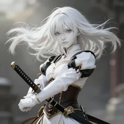 renaissance art elf girl with white skin, katana in hand, hair blowing the wind, trending artistic art, soft anime, dynamic photography, fate zero, realistic face, extremely high detailed, bokeh background, studio ghibly makoto shinkai yuji yamaguchi, wlop, genshin
