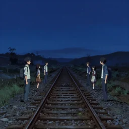 abandoned railway track leading to the end of the world, at midnight, clear night sky, detailed concept art illustration by akihiko yoshida and jean baptiste monge and makoto shinkai and wlop and and tsutomu nihei, 4 k artstation