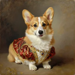 the royal king's corgi dog by greg hildebrant fancy rococo baroque regal puppy oil painting high quality award winning clothed in fancy garb