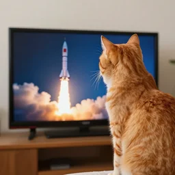 1 9 8 0's color photo, ginger cat watching rocket lift - off on televisionscreen