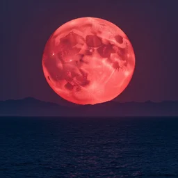 big red moon rising above sea and epic horizon with mountains, long shot, epic, colossal scale, beautiful fine, intricate high details, sharp, ultradetailed, beeple, octane render trending on artstation
