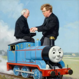 elton john playing a piano on top of thomas the tank engine, an oil painting by ross tran and thomas kincade