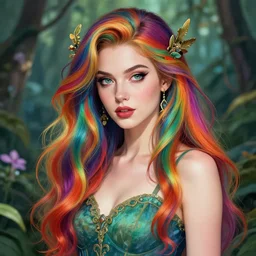 the portrait of chaotic good female rainbow colorful druid botanist as absurdly beautiful, gorgeous, elegant, young gravure idol, an ultrafine hyperdetailed illustration by irakli nadar, james jean, intricate linework, sharp focus, bright colors, final fantasy, unreal engine 5 highly rendered, global illumination, radiant light, detailed and intricate environment