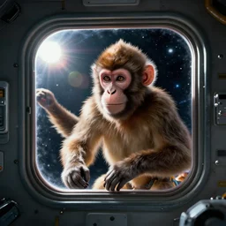 a monkey in a space station looking through a window, concept art by alex petruk ape, cgsociety, space art, reimagined by industrial light and magic, anamorphic lens flare, sci - fi