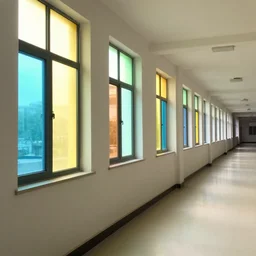 a long hallway with bright colored windows on the walls, lighting coming through the windows illuminating the hallway, a photograph by huang ding, featured on tumblr, light and space, irridescent, vibrant colors