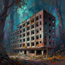 a beautiful ultradetailed painting of motel industrial architecture architecture abandoned unfinished building city urbex nature building by norman foster, otherworldly forest bladerunner 2 0 4 9 galactic uv light retrowave at fall dramatic lighting, archdaily, wallpaper, highly detailed, trending on artstation.
